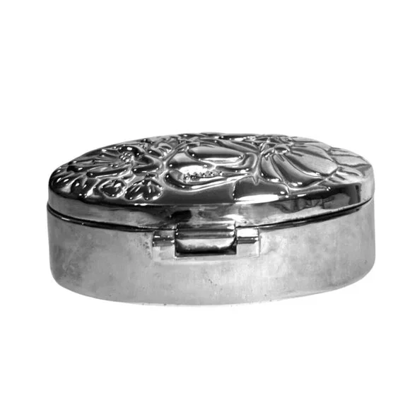 Vtg Silver Plated Oval Trinket Box Repousse' Design Int Silver Co 3.4 X 2.2 X 1"